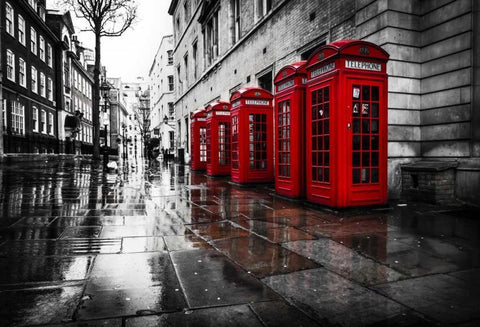 London Phone Booths Black Ornate Wood Framed Art Print with Double Matting by Brown,Victoria