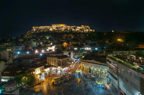 Greece Athens Acropolis Night 2 White Modern Wood Framed Art Print with Double Matting by Kostka, Vladimir