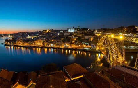 Portugal Porto Bridge White Modern Wood Framed Art Print with Double Matting by Kostka, Vladimir