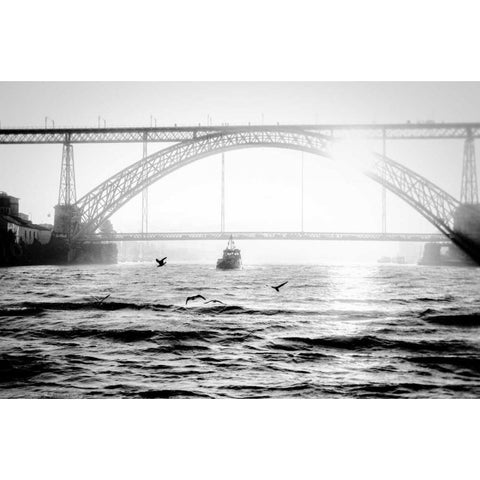 Portugal Porto BW Bridge Gold Ornate Wood Framed Art Print with Double Matting by Kostka, Vladimir