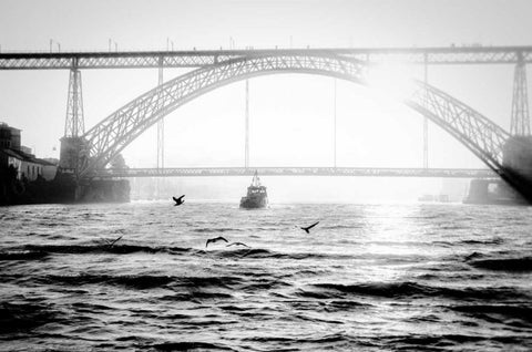 Portugal Porto BW Bridge Black Ornate Wood Framed Art Print with Double Matting by Kostka, Vladimir