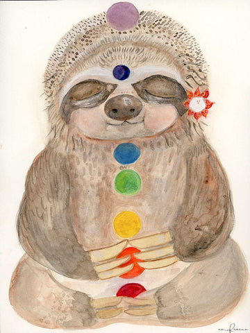 Meditating Sloth 2 White Modern Wood Framed Art Print with Double Matting by Barski, Karen
