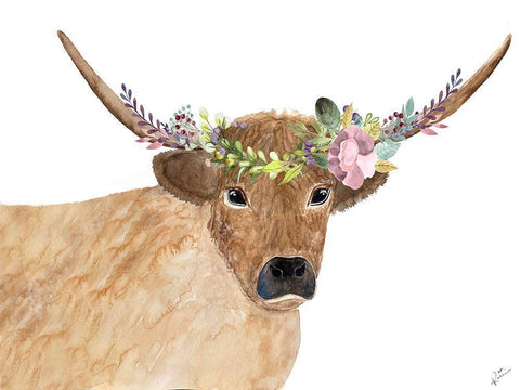 Steer Head Floral White Modern Wood Framed Art Print with Double Matting by Barski, Karen