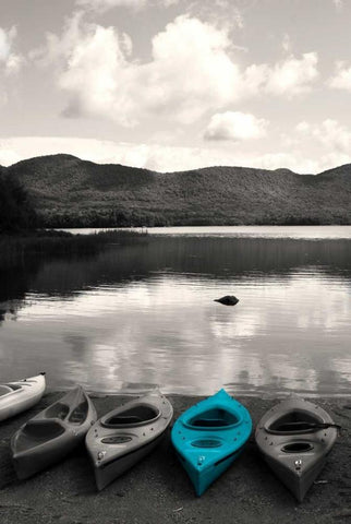Kayaks Teal White Modern Wood Framed Art Print with Double Matting by Foschino, Suzanne
