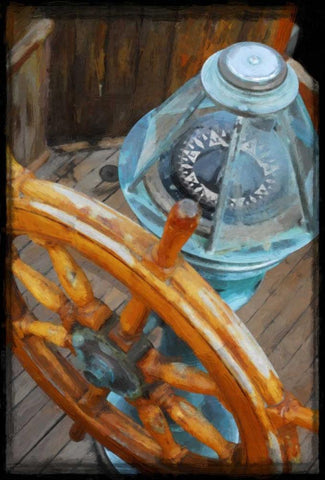 Old Sailboats Ship Wheel Black Ornate Wood Framed Art Print with Double Matting by Foschino, Suzanne