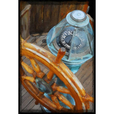 Old Sailboats Ship Wheel Black Modern Wood Framed Art Print with Double Matting by Foschino, Suzanne