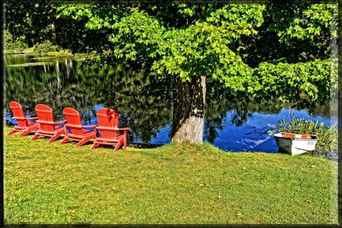 A Family Of Adirondaks And A Row Boat  White Modern Wood Framed Art Print with Double Matting by Foschino, Suzanne