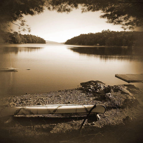 Canoe on Shore Sepia 1 Gold Ornate Wood Framed Art Print with Double Matting by Foschino, Suzanne
