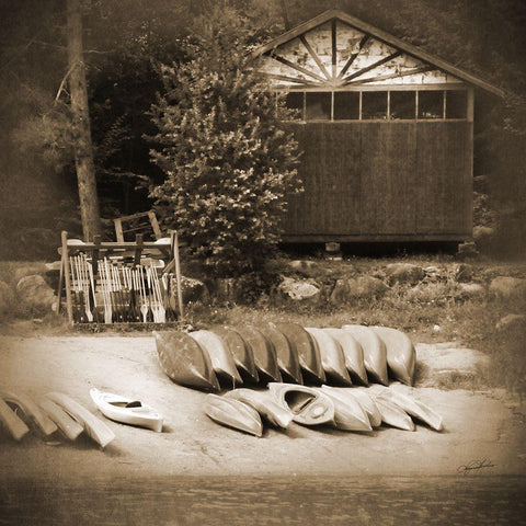 Sepia Lake Canoe House Gold Ornate Wood Framed Art Print with Double Matting by Foschino, Suzanne