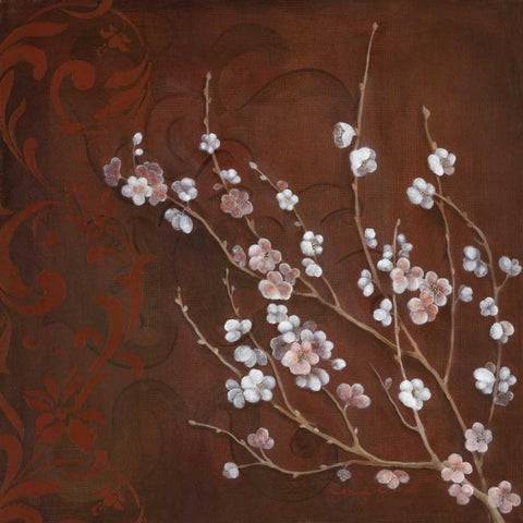 Cherry Blossoms on Cinnabar I White Modern Wood Framed Art Print with Double Matting by Tava Studios