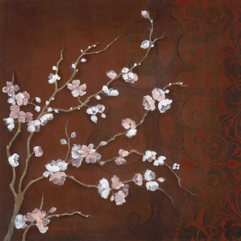 Cherry Blossoms on Cinnabar II Black Modern Wood Framed Art Print by Tava Studios