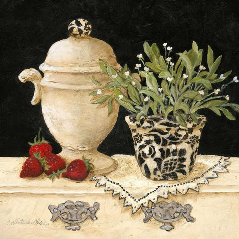 Strawberry Still Life Black Ornate Wood Framed Art Print with Double Matting by Olson, Charlene