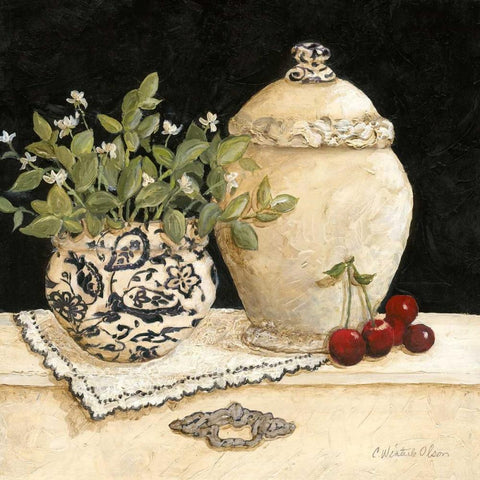 Cherry Still Life Gold Ornate Wood Framed Art Print with Double Matting by Olson, Charlene