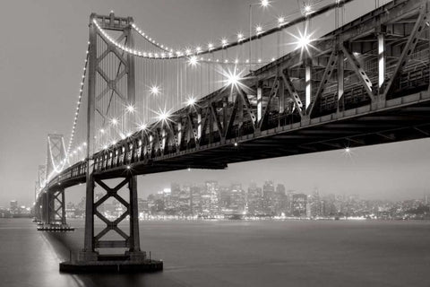 Bay Bridge at Night Black Ornate Wood Framed Art Print with Double Matting by Reed, Aaron