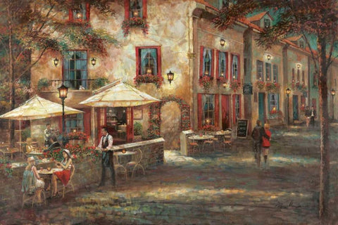 Courtyard Cafe Black Ornate Wood Framed Art Print with Double Matting by Manning, Ruane