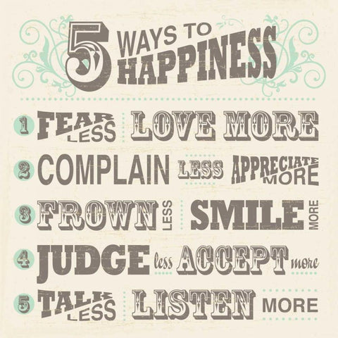 Five Ways To Happiness White Modern Wood Framed Art Print with Double Matting by Havoc Gifts