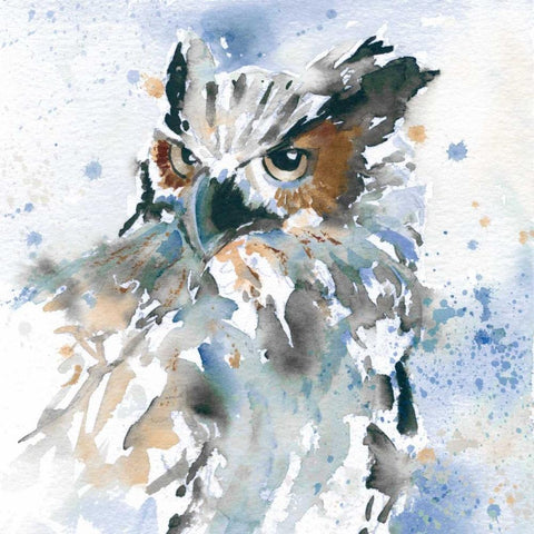 Owl On Blue White Modern Wood Framed Art Print with Double Matting by Robinson, Carol