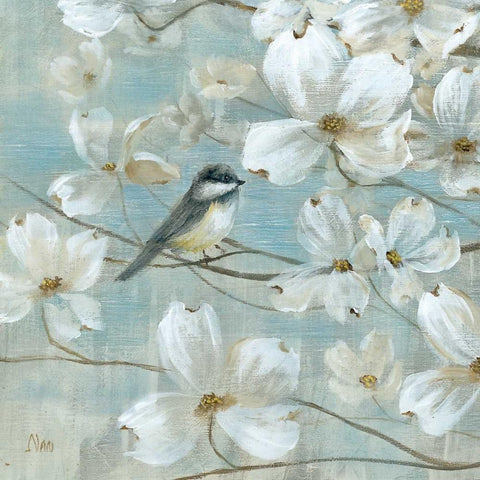 Chickadees and Dogwood Gold Ornate Wood Framed Art Print with Double Matting by Nan