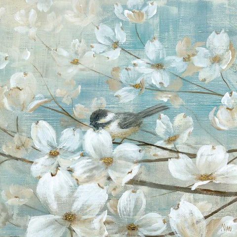 Chickadees and Dogwood Black Ornate Wood Framed Art Print with Double Matting by Nan