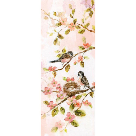 Birds and Blush Blossoms II Black Modern Wood Framed Art Print with Double Matting by Nan