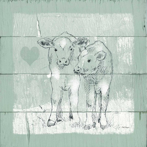 Friendly Calves I White Modern Wood Framed Art Print with Double Matting by Robinson, Carol