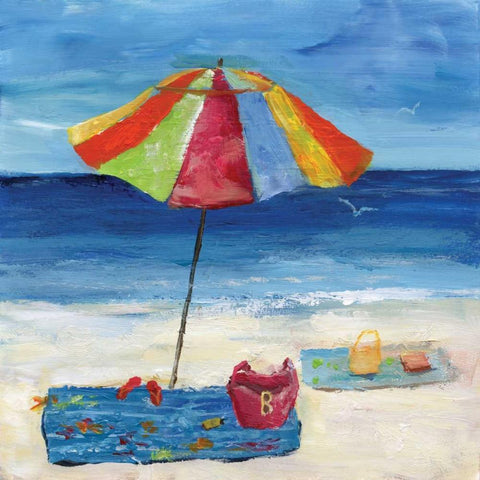 Bright Beach Umbrella I White Modern Wood Framed Art Print by Nan