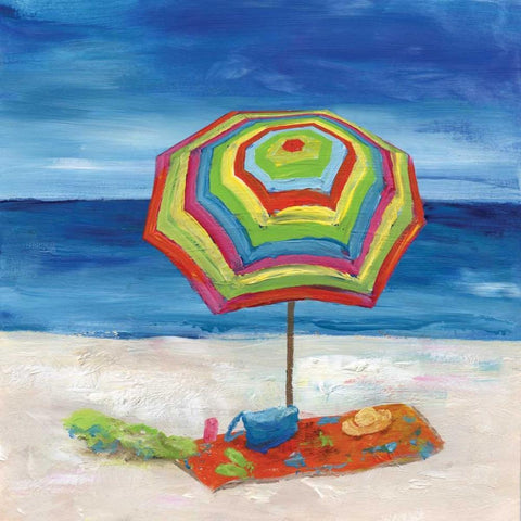 Bright Beach Umbrella II White Modern Wood Framed Art Print with Double Matting by Nan