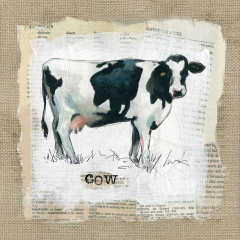 Burlap Cow White Modern Wood Framed Art Print with Double Matting by Robinson, Carol