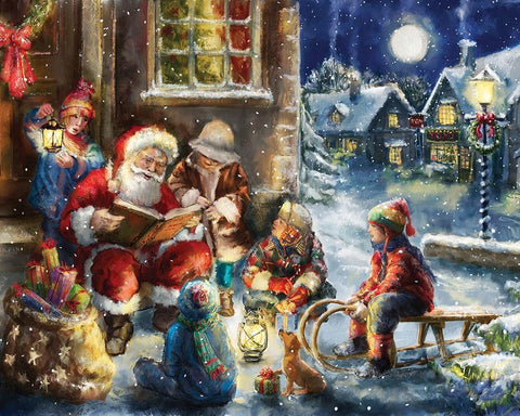 Story Time Santa Black Ornate Wood Framed Art Print with Double Matting by Corti, Marcello