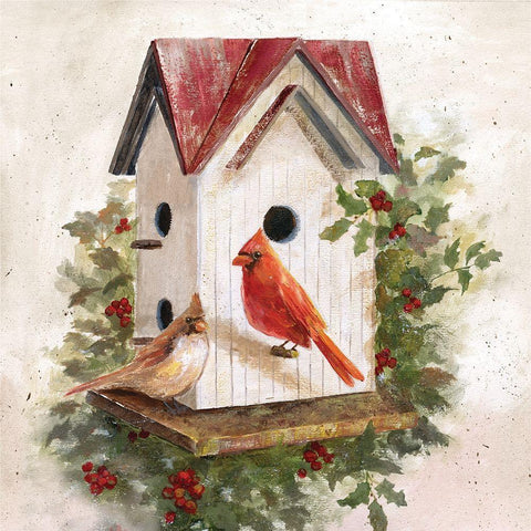 Holly Berry Birdhouse Gold Ornate Wood Framed Art Print with Double Matting by Nan