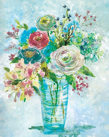 Blue Bouquet I White Modern Wood Framed Art Print with Double Matting by Robinson, Carol