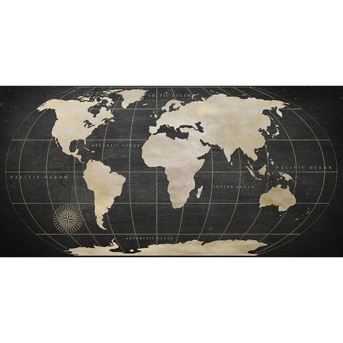 Vintage World Map Black Modern Wood Framed Art Print by Nan