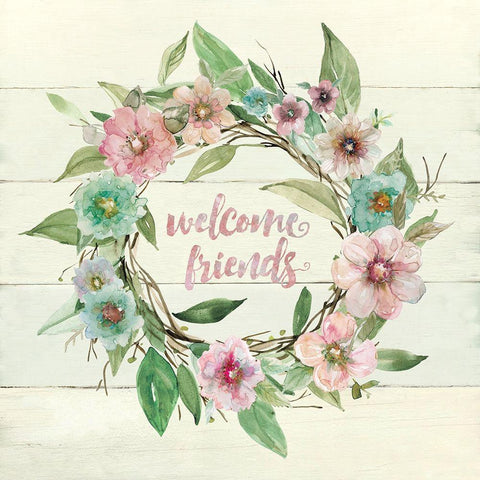 Welcome Wreath Black Ornate Wood Framed Art Print with Double Matting by Robinson, Carol