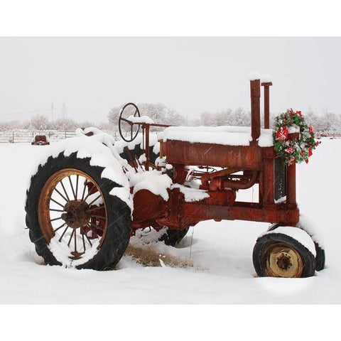 Christmas Tractor Gold Ornate Wood Framed Art Print with Double Matting by Delimont, Danita