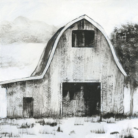 Black and White Barn II Gold Ornate Wood Framed Art Print with Double Matting by Nan