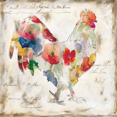 Flowered Rooster White Modern Wood Framed Art Print by Robinson, Carol