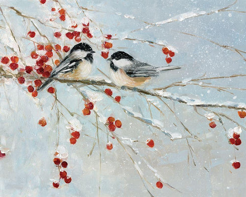 Chickadees in Winter Black Ornate Wood Framed Art Print with Double Matting by Swatland, Sally