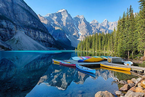 Banff Canoe Dock White Modern Wood Framed Art Print with Double Matting by Delimont, Danita