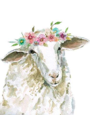 Flower Crown Sheep White Modern Wood Framed Art Print with Double Matting by Robinson, Carol