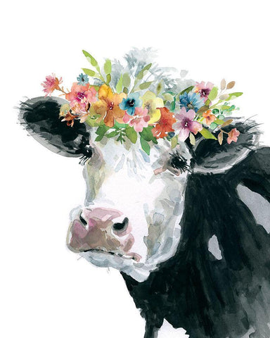 Flower Crown Cow Black Ornate Wood Framed Art Print with Double Matting by Robinson, Carol