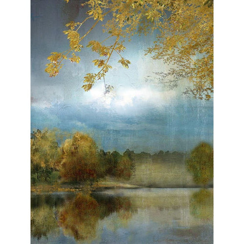 Golden Leaves Black Modern Wood Framed Art Print by Nan