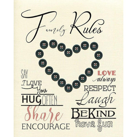 Family Rules Buttons Black Modern Wood Framed Art Print with Double Matting by Santiago, Daniela