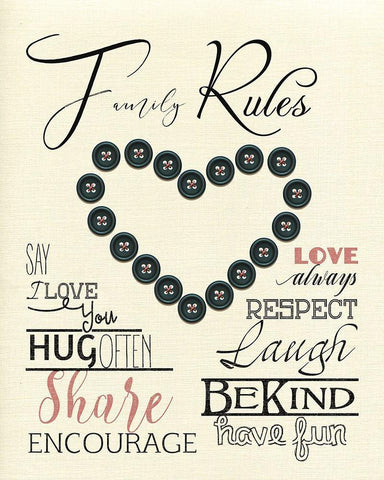 Family Rules Buttons White Modern Wood Framed Art Print with Double Matting by Santiago, Daniela