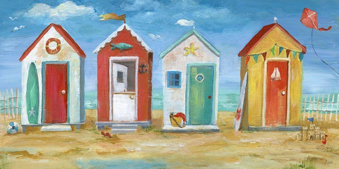 Bright Beach Huts Black Ornate Wood Framed Art Print with Double Matting by Nan