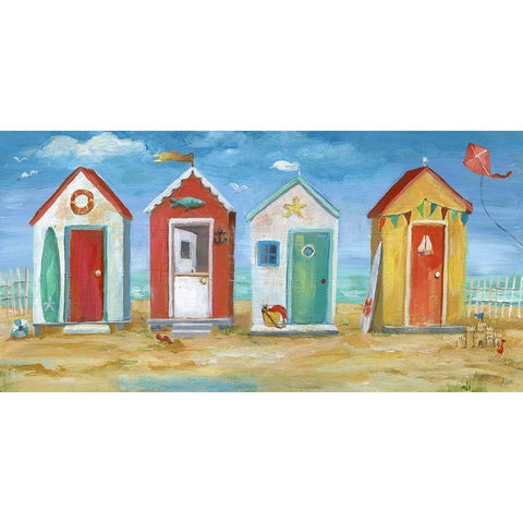 Bright Beach Huts Gold Ornate Wood Framed Art Print with Double Matting by Nan