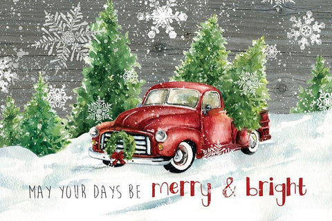 Merry and Bright Christmas Truck White Modern Wood Framed Art Print with Double Matting by Robinson, Carol