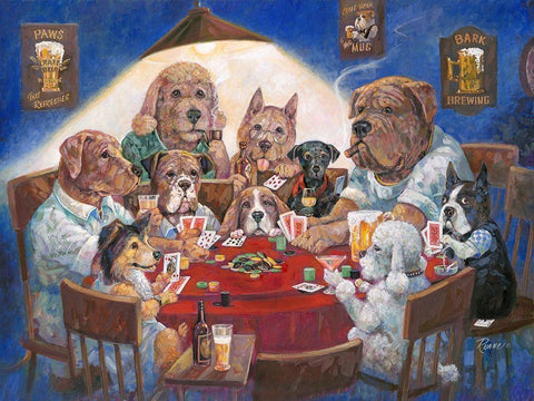 Poker Dogs White Modern Wood Framed Art Print with Double Matting by Manning, Ruane