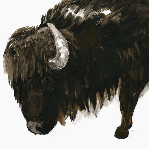 Bison Bull White Modern Wood Framed Art Print with Double Matting by Nan