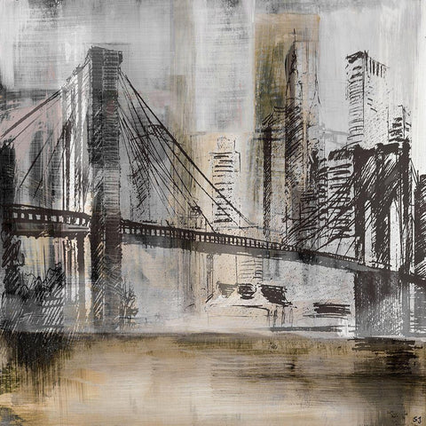 Brooklyn Bridge Black Modern Wood Framed Art Print with Double Matting by Jill, Susan