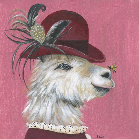 Llama and Bee White Modern Wood Framed Art Print with Double Matting by Tava Studios